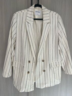 Old Navy Women's Striped-Cream Pinstripe Double-Breasted Linen Blazer (Sz L)